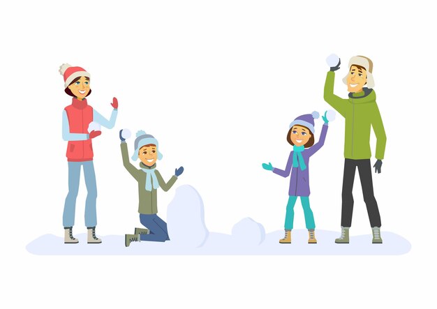 Família feliz jogando bolas de neve - ilustração de personagens de desenhos animados sobre fundo branco. conceito de atividade de inverno, ano novo, natal. mãe e pai sorridentes com crianças brincam ao ar livre