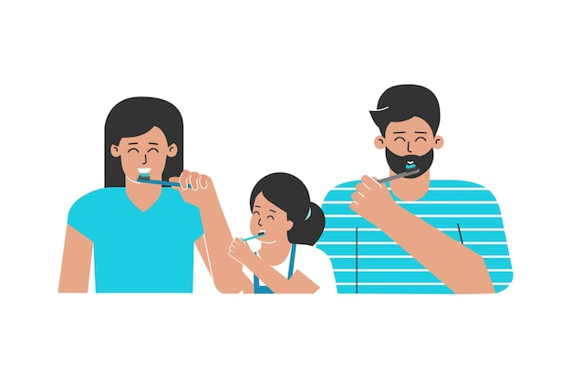 Família feliz limpa os dentes com escovas de dente. cuidados de saúde e higiene oral