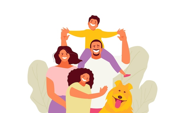 Família feliz mãe pai filhos e cachorro amor e infância feliz