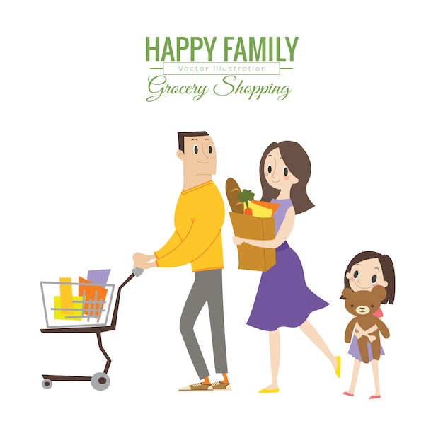 Família feliz na mercearia com carrinho de compras
