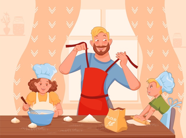 Vetor família feliz pai e dois filhos cozinhando comida juntos mesa grande estilo desenho vetorial