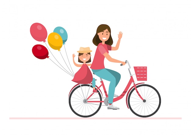 Família feliz. pai, mãe, menino e menina andando de bicicleta juntos