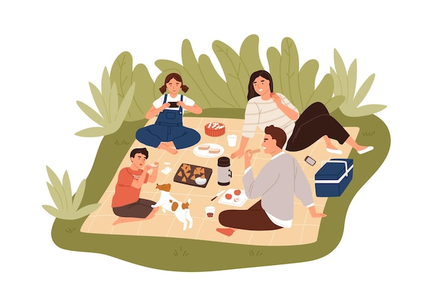Família feliz passando tempo ao ar livre no piquenique juntos. pais e filhos desfrutando de comida, brincando com cachorro e se divertindo na natureza. pessoas sentadas no cobertor e relaxando. ilustração em vetor plana.