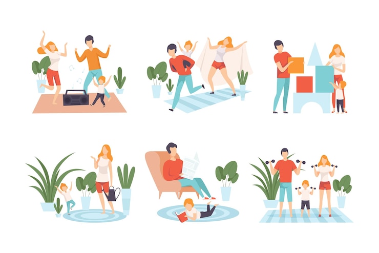 Vetor família feliz passando um bom tempo em casa, pais e crianças dançando, brincando com blocos de brinquedo, fazendo esportes, lendo livros, desenhos animados, ilustrações vetoriais.