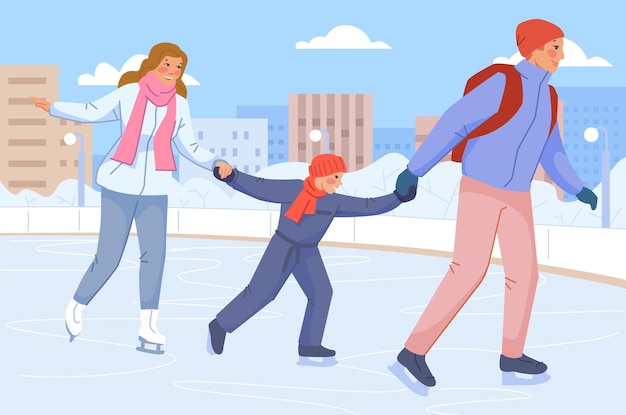 Família feliz patinando na pista de gelo urbana pais com criança se divertindo juntos