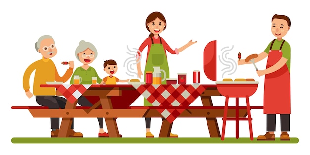 Vetor família feliz piquenique churrasqueira na mesa de piquenique ao ar livre moderno estilo plano vector illust