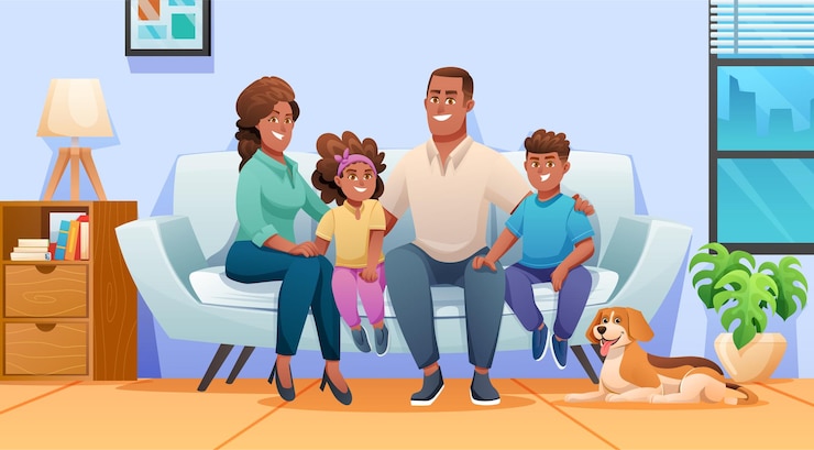 Vetor família feliz sentada no sofá juntos em casa com pai mãe filhos e um desenho de animal de estimação