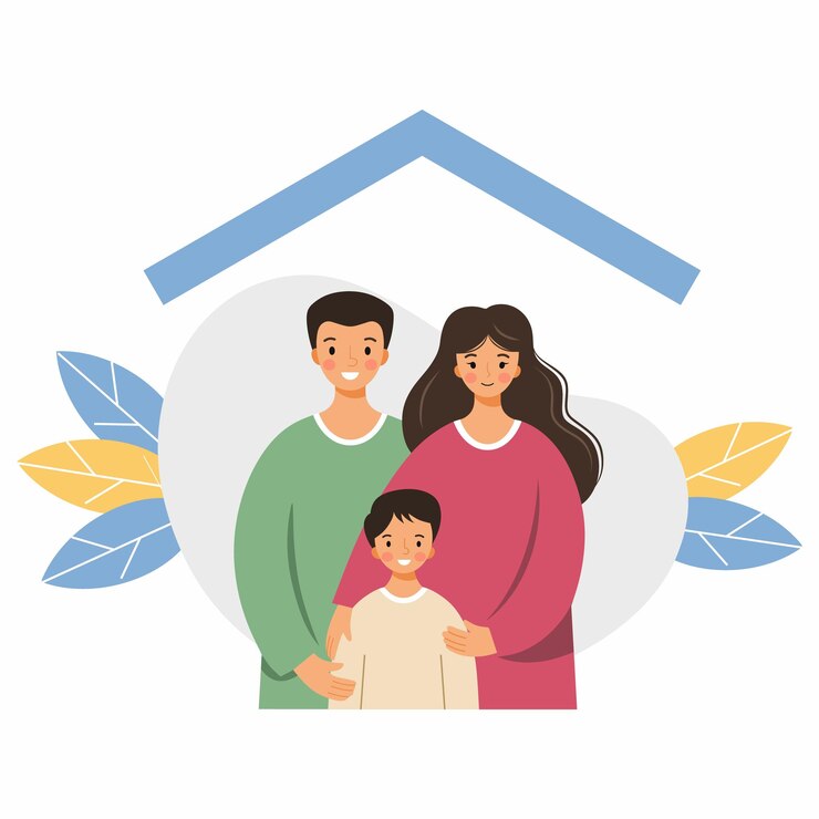 Vetor família feliz sob o telhado da casa auto-isolamento compra de imóveis hipoteca da família