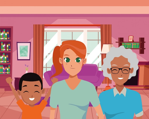 Vetor família feliz sorrindo dentro de casa desenhos animados