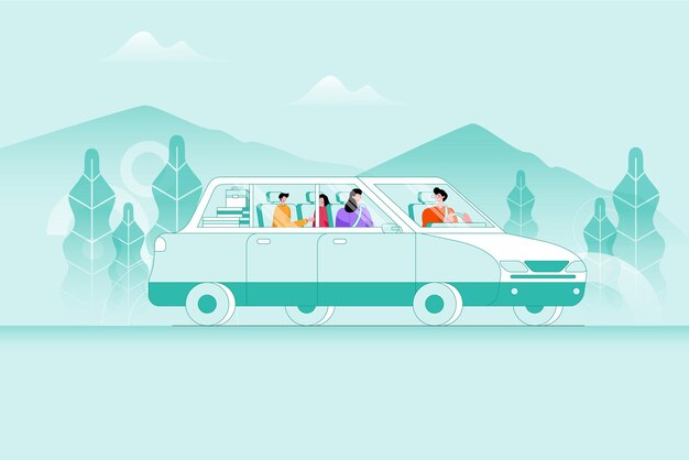 Família feliz viajando de carro ilustração vetorial