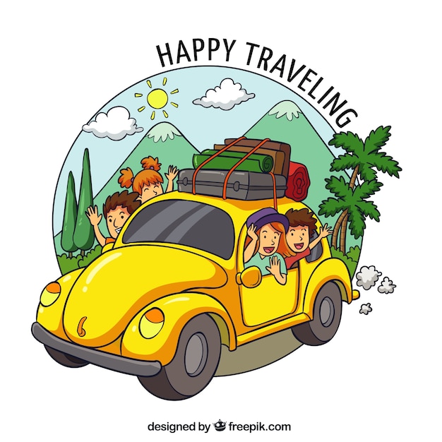 Família feliz viajando em mão estilo desenhado
