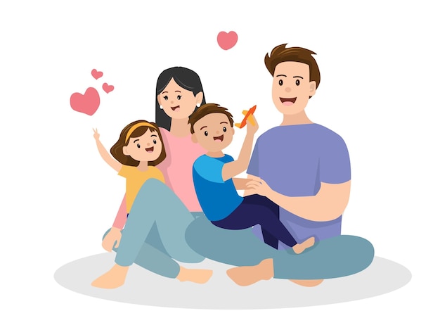 Família feliz vivendo junto com pais e filhos tem tempo para cuidar um do outro vetor de ilustração de desenho animado estilo plano