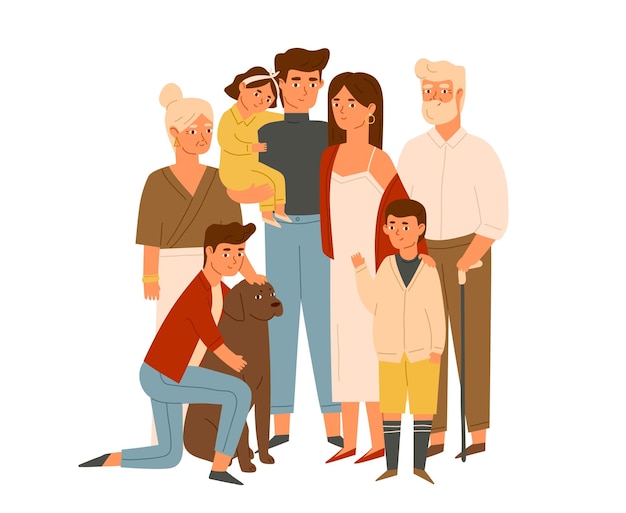 Vetor família grande feliz junto ilustração plana. esposa e marido com avós seniores, filhos. avós com netos e retrato de cachorro. pais, personagens de desenhos animados de crianças isolados em branco.