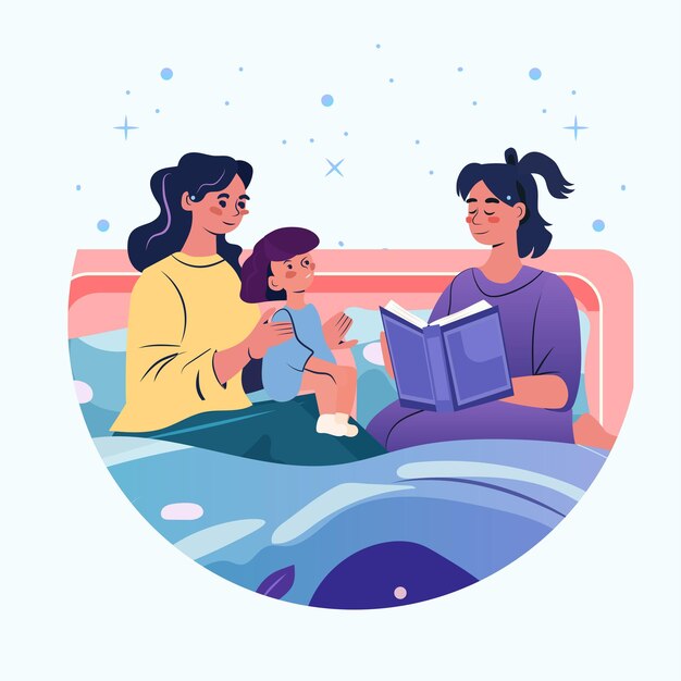 Família história antes de dormir cena de leitura quarto aconchegante mãe filho livro estrelas