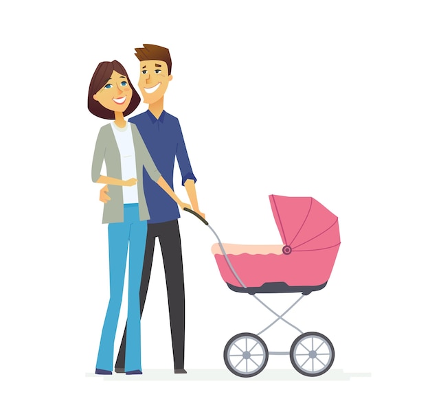 Vetor família - ilustração de design plano moderno em vetor colorido, composição de personagens de desenhos animados. pai feliz com carrinho de bebê rosa.