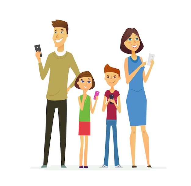 Vetor família - ilustração plana moderna de vetor colorido de personagens de desenhos animados. pai, mãe, filho, filha, usando dispositivos móveis.