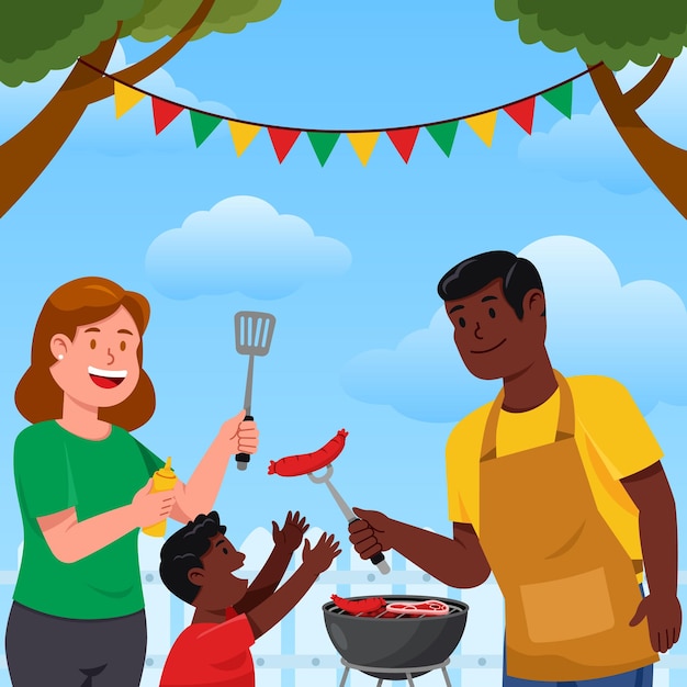 Vetor família interracial em festa de churrasco