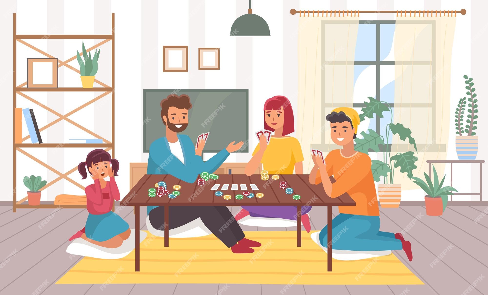 pessoas jogando jogo de tabuleiro no lazer desk.home para amigos ou  family.friends jogam poker card game.hand com cartas e chip. colegas e  corporativo boardgames.hand ilustração plana desenhada em vetor. 6568050  Vetor no