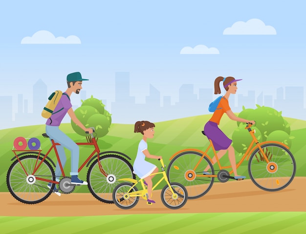 Família jovem, com, criança, bicicletas equitação