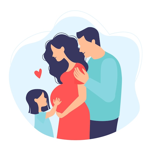 Família jovem feliz. pai, filha e mãe grávida. criança abraça a barriga da mãe grávida.