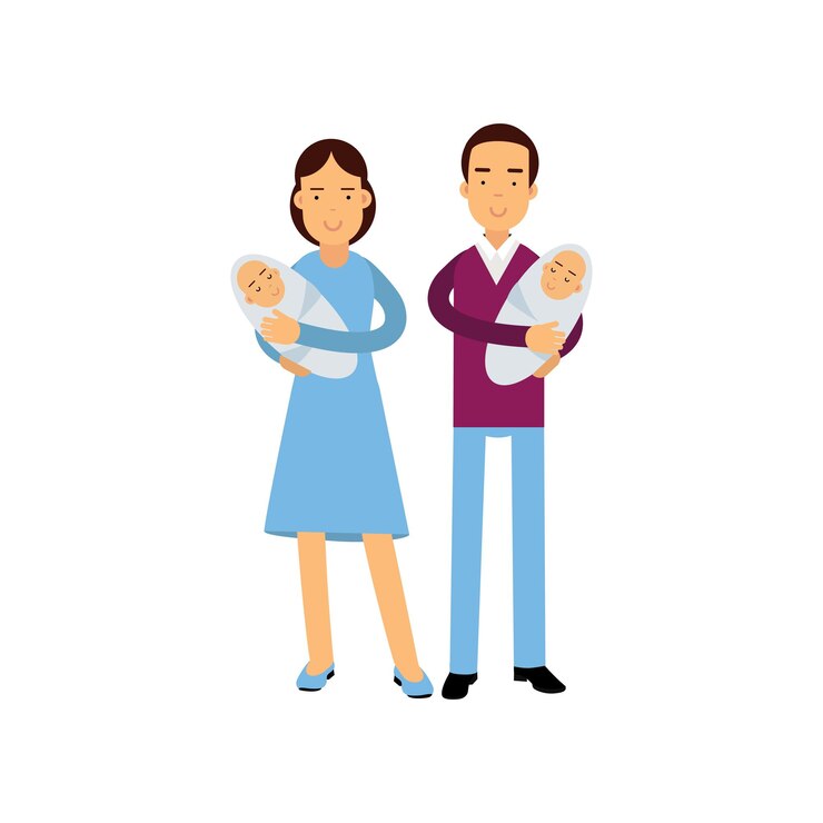 Vetor família jovem posando com seus bebês recém-nascidos, marido e mulher com ilustração vetorial de crianças isolada em um fundo branco