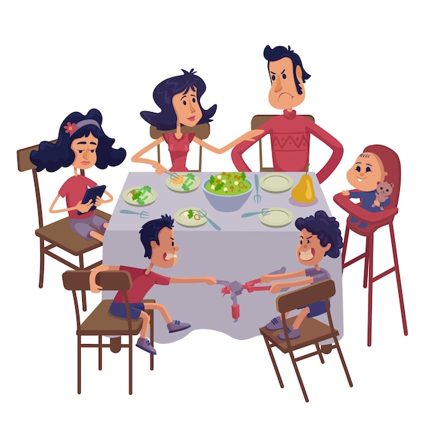 Vetor família junto tendo ilustração plana dos desenhos animados de refeição. mamãe e papai com os filhos na mesa.