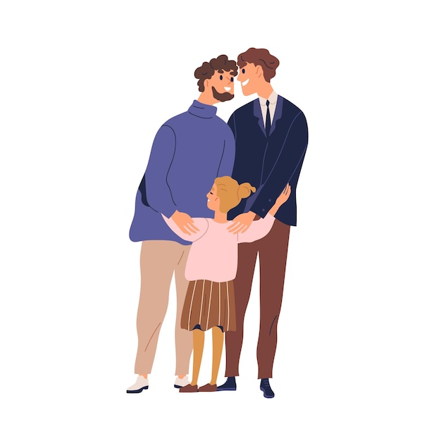 Família lgbt feliz abraçando e sentindo amor ilustração vetorial plana. casal gay com filho. dois pais apaixonados abraçam a filha bonita isolada. sorrindo homossexual homem e menina juntos.