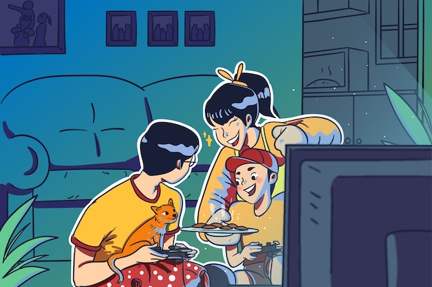 Família mãe, pai e filho jogando, comem biscoitos e se divertem, desenho à mão ilustrações coloridas