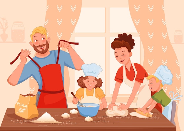 Família, mãe, pai, filha e filho cozinham bolos juntos em uma grande mesa plana