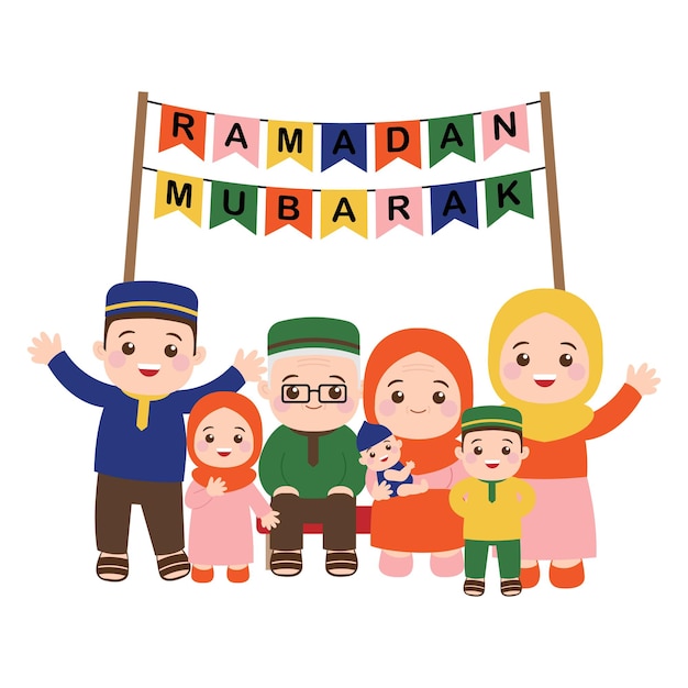 Vetor família muçulmana bonita comemora o ramadan mubarak