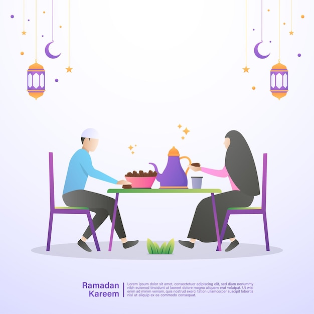 Família muçulmana comem iftar do ramadã juntos. conceito de ilustração de ramadan kareem