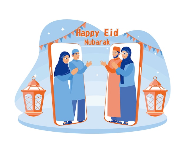 Família muçulmana comemora o Eid al Fitr felizmente Peçam desculpas uns aos outros por telefone.