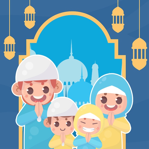 Família muçulmana cumprimentando ramadan kareem eid al fitr islâmico