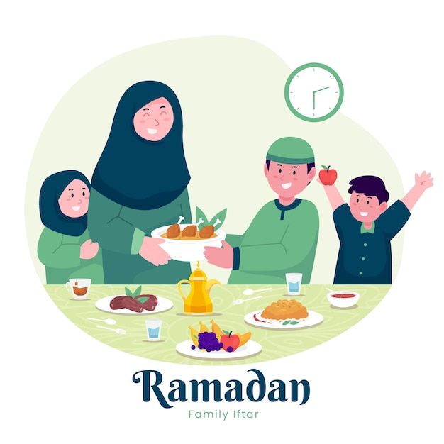 Família muçulmana desfrutando iftar do ramadã juntos em felicidade durante o jejum