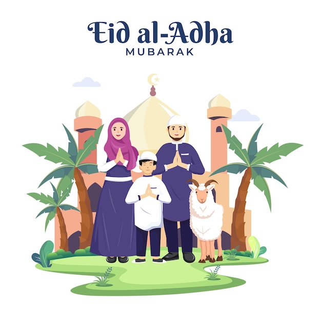 Família muçulmana feliz celebra Eid Al Adha Mubarak com uma ilustração de modelo de vetor plano de cabra
