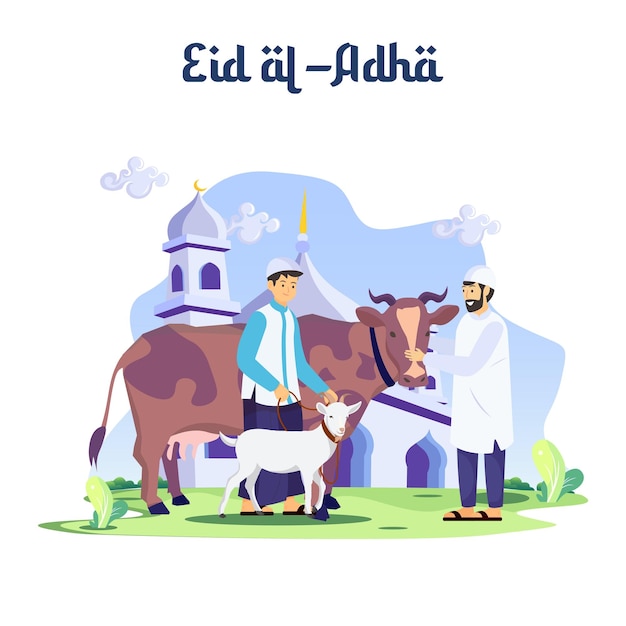 Família muçulmana feliz celebra Eid Al Adha Mubarak com uma ilustração de modelo de vetor plano de cabra