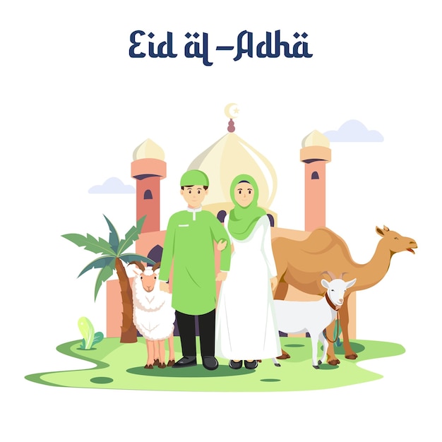 Família muçulmana feliz celebra Eid Al Adha Mubarak Ilustração de modelo de vetor plano