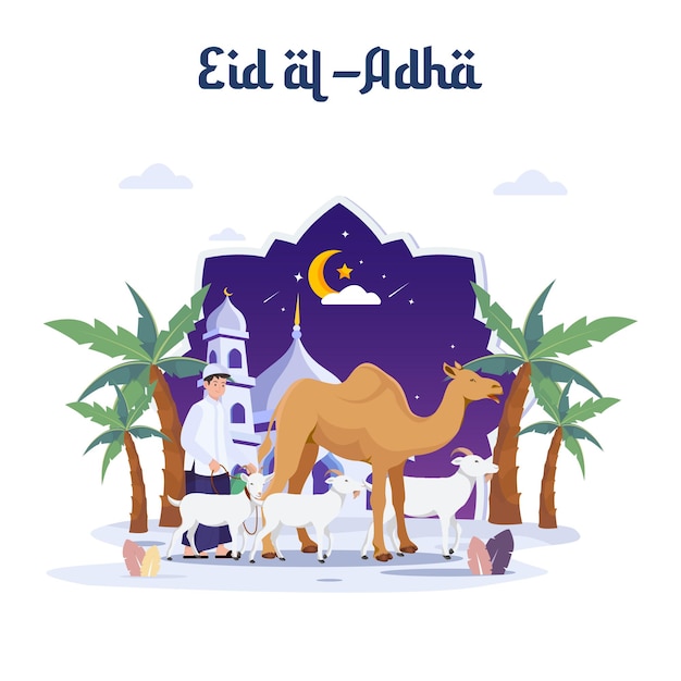 Família muçulmana feliz celebra Eid Al Adha Mubarak Ilustração de modelo de vetor plano