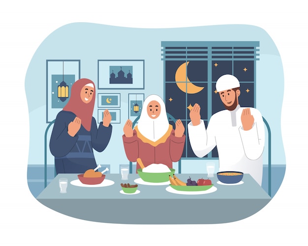 Vetor família muçulmana rezando antes de ter iftar