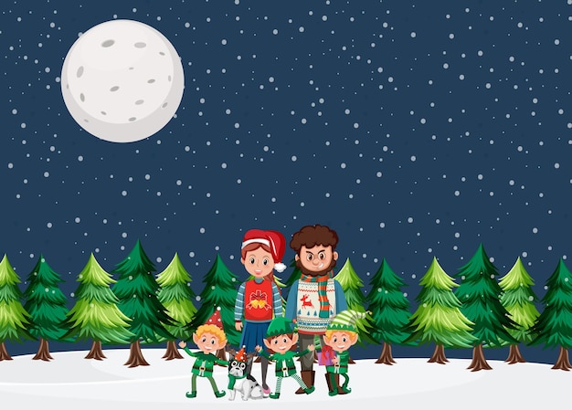 Família no dia de natal família na noite de neve