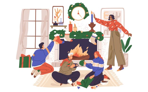 Família no feriado de natal perto de lareira e ilustração vetorial de guirlanda de feliz celebração de natal