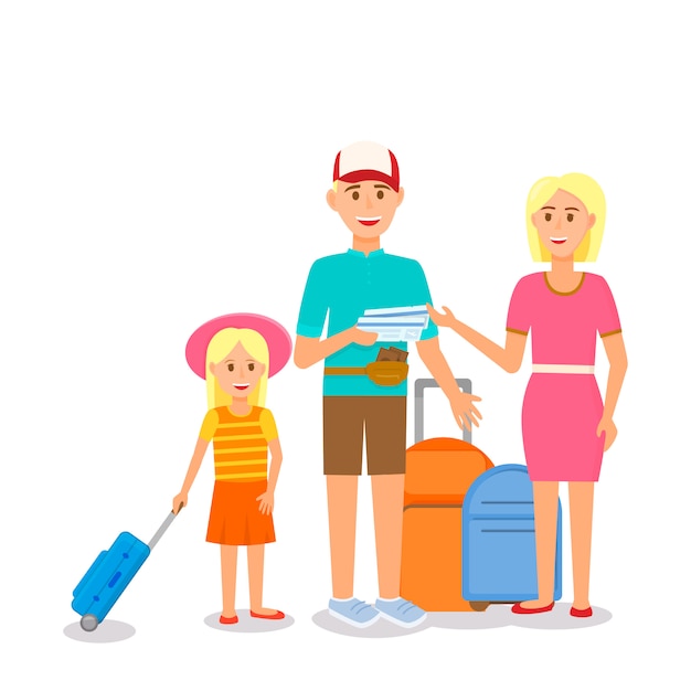 Vetor família nova feliz com viagem da menina.