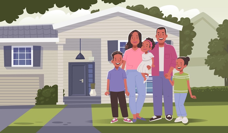 Vetor família preta em casa de relva de fundo mãe pai filha filho retrato de família outdoor_ai_generated