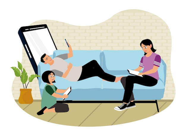 Família relaxando juntos no sofá usando dispositivos digitais