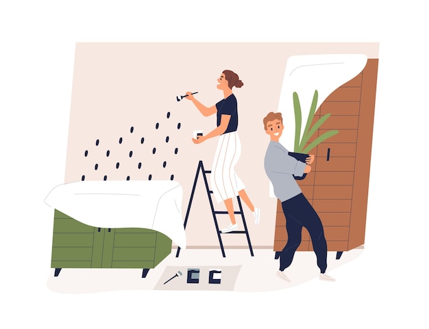 Família reparando o interior da casa juntos. jovem casal feliz de homem e mulher redecorando a sala de estar, pintando e decorando a parede do apartamento. ilustração em vetor plana isolada no fundo branco.