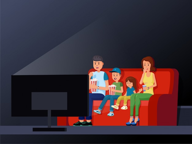 Vetor família sentada no sofá confortável e apreciando interessante ilustração vetorial de filme