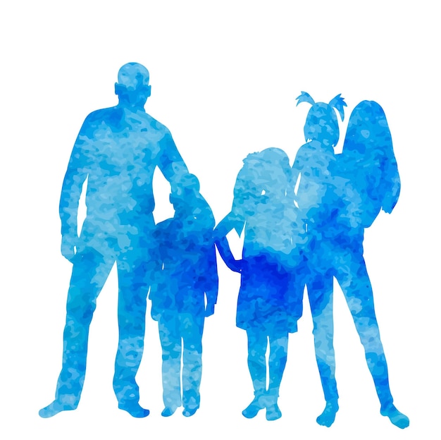 Família silhueta aquarela azul