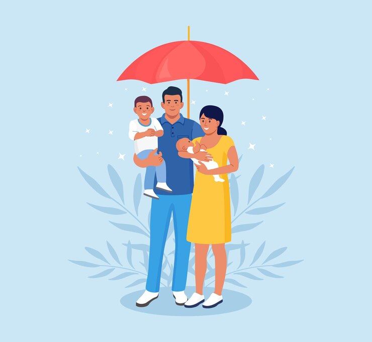 Vetor família sob o guarda-chuva. seguro de vida, proteção da saúde e vida dos filhos para viagens ou férias. suporte financeiro futuro em caso de acidente ou doença. proteção de saúde