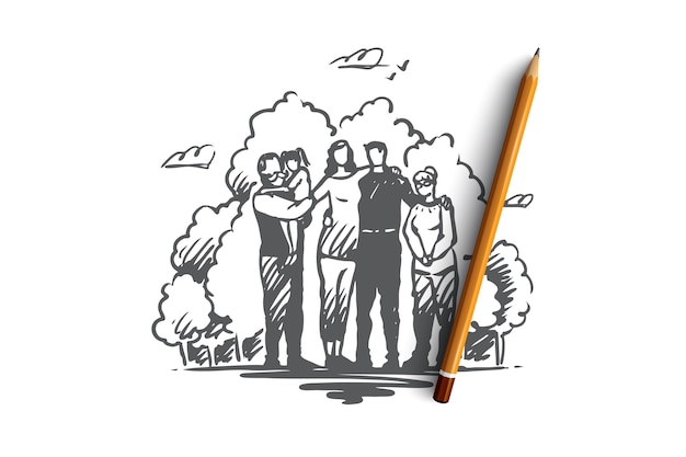 Família, união, passando tempo com o conceito de parentes. Pais, avós e filhos nas mãos do avô no parque juntos. Ilustração de esboço desenhado à mão