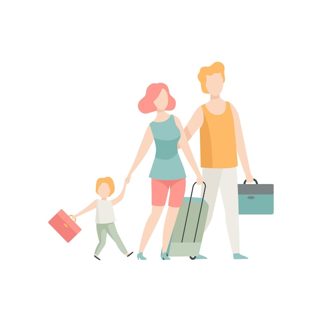 Vetor família viajando pai mãe e filho caminhando com malas ilustração vetorial em fundo branco